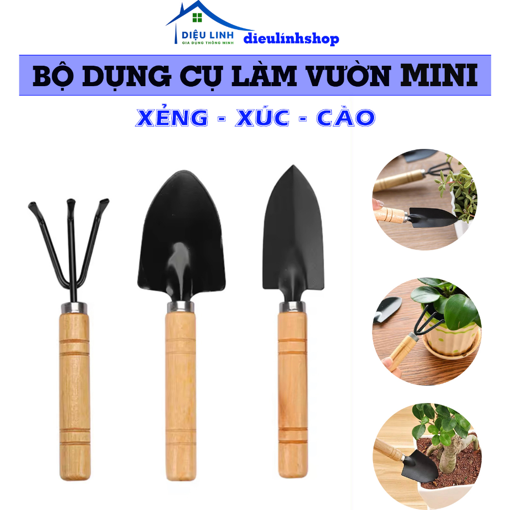 Bộ dụng cụ làm vườn mini, Dụng Cụ Làm Vườn 3 món Cán Gỗ: xẻng, xúc, cào, tiện dụng, bền, thép không rỉ dieulinhshop