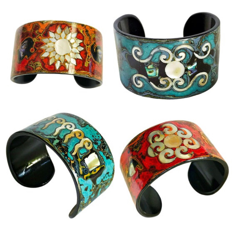 Vòng tay sừng trâu sơn mài khảm trai hoạ tiết bản to freesize