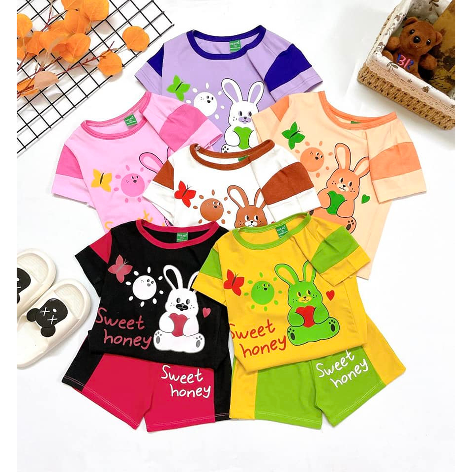 Bộ quần áo trẻ em cộc tay cho bé gái 10-25kg, màu sắc tươi đẹp, vải đẹp, thun cotton co giãn 4 chiều, thấm hút mồ hôi