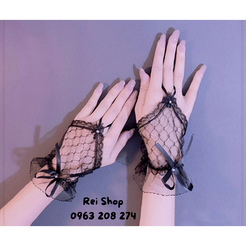 Găng tay ren kẹp ngón ngắn đính nơ - Shop sẵn 2 màu