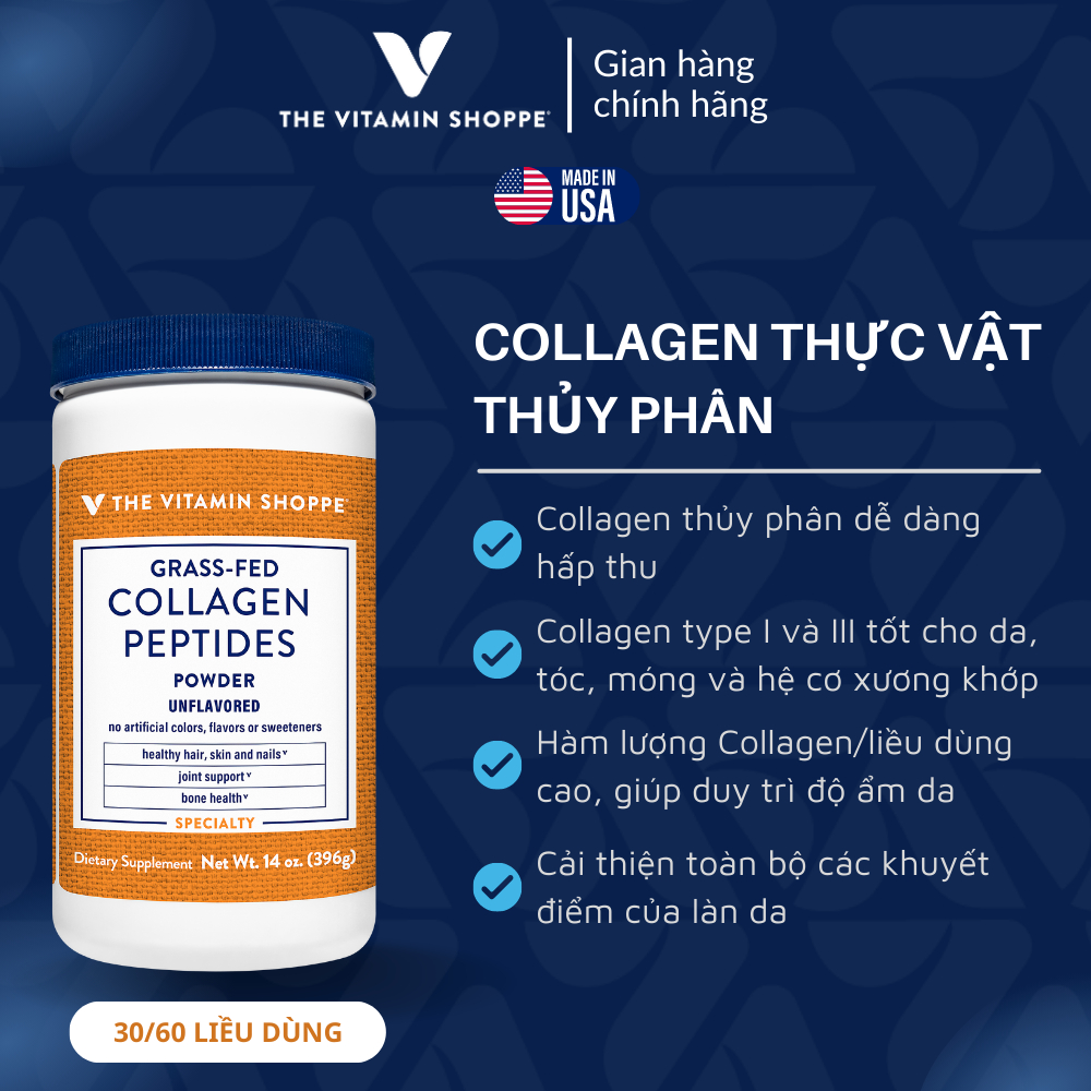 Bột Collagen Tăng Cường Sức Khỏe Da Tóc Móng & Xương Khớp THE VITAMIN SHOPPE Grass-Fed Collagen Peptides Power 198g