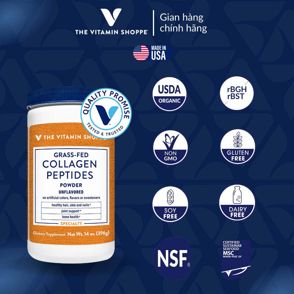 Bột Collagen Tăng Cường Sức Khỏe Da Tóc Móng & Xương Khớp THE VITAMIN SHOPPE Grass-Fed Collagen Peptides Power 198g