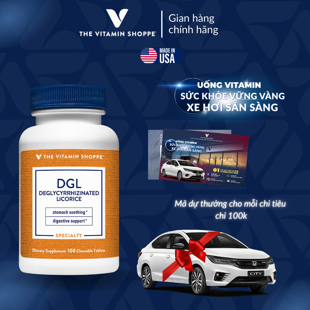 Viên Nhai Giảm Viêm Loét Dạ Dày và Trào Ngược The Vitamin Shoppe DGL 100 viên