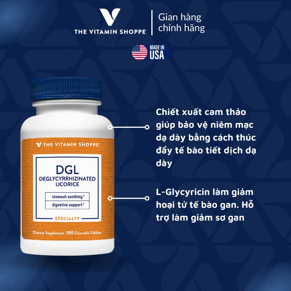 Viên Nhai Giảm Viêm Loét Dạ Dày và Trào Ngược The Vitamin Shoppe DGL 100 viên