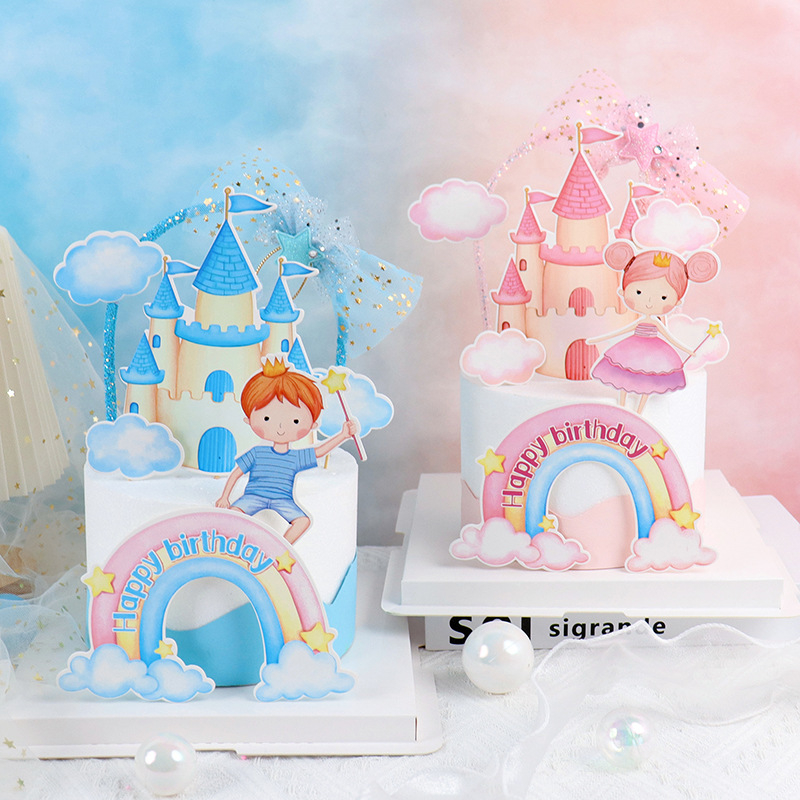 Set Cắm Giấy Lâu Đài Xanh Hồng Trang Trí Bánh Kem