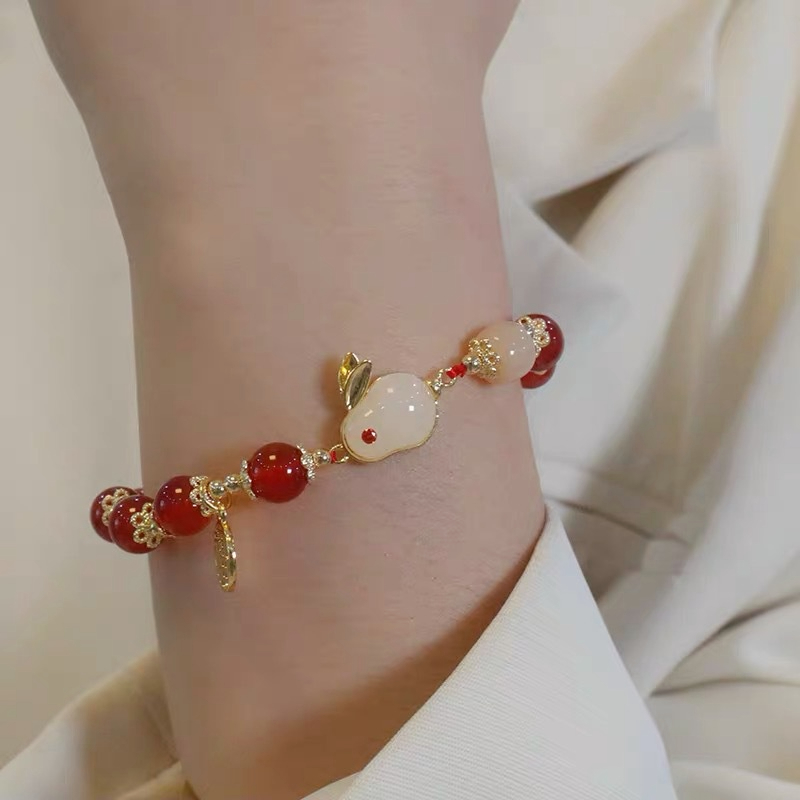 🍒🍒CHERRYKOKO Vòng Tay Xâu Hạt Đỏ May Mắn Hình Thỏ May Mắn Phong Cách Trung Hoa Dành Cho Nữ