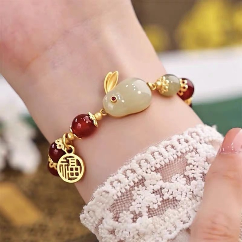 🍒🍒CHERRYKOKO Vòng Tay Xâu Hạt Đỏ May Mắn Hình Thỏ May Mắn Phong Cách Trung Hoa Dành Cho Nữ