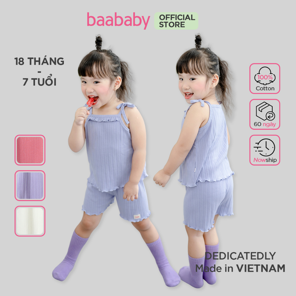 Set đồ ngủ cho bé, đồ bộ thun gân hai dây, set đồ ngủ 2 dây cho bé gái Baababy cho bé từ 1 tuổi - 7 tuổi