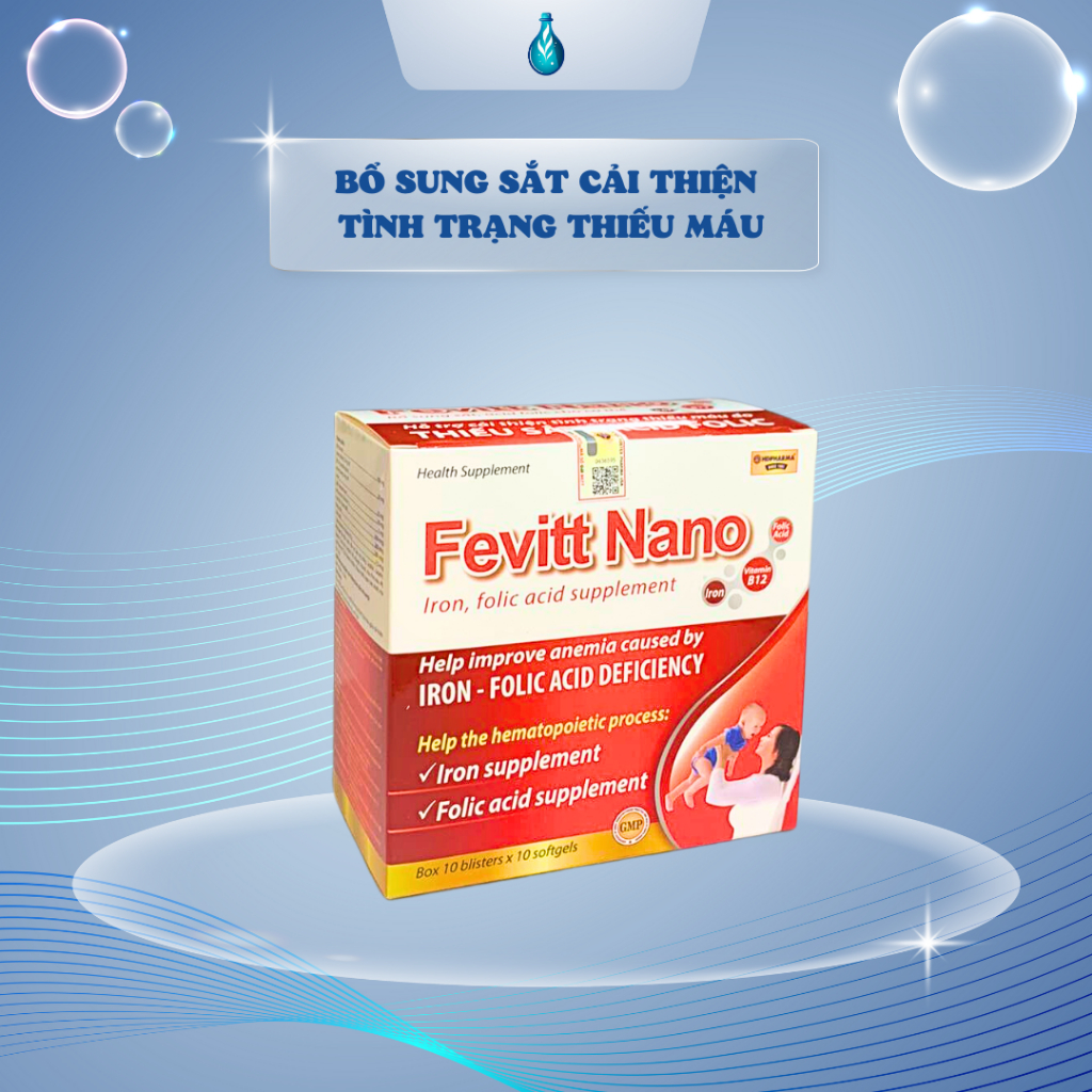 Viên uống FEVIT NANO - bổ sung sắt, bổ máu, cải thiện tình trạng thiếu máu, 100 viên