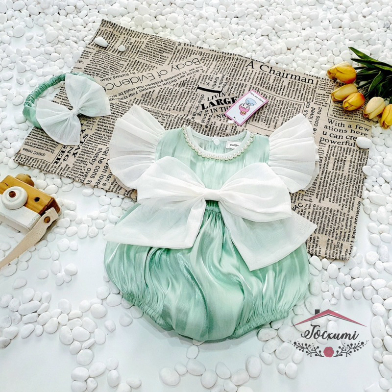 Bộ liền thân nơ cánh tiên xanh bạc hà ngọt ngào phối ngọc cao cấp tặng kèm nơ tóc - Tocxumi