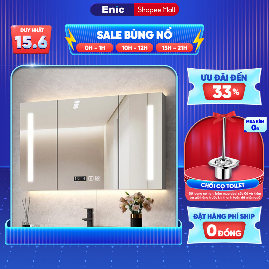 Tủ gương phòng tắm thông minh Enic ST01- khử sương mờ,cảm ứng đèn led,sơn cao cấp bảo vệ chống thấm nước, chống ẩm, ST01