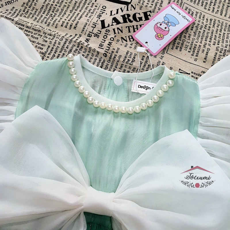 Bộ liền thân nơ cánh tiên xanh bạc hà ngọt ngào phối ngọc cao cấp tặng kèm nơ tóc - Tocxumi