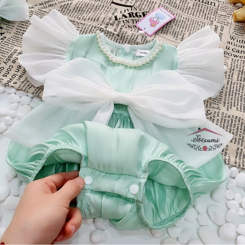 Bộ liền thân nơ cánh tiên xanh bạc hà ngọt ngào phối ngọc cao cấp tặng kèm nơ tóc - Tocxumi