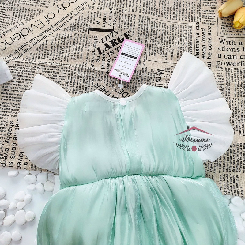 Bộ liền thân nơ cánh tiên xanh bạc hà ngọt ngào phối ngọc cao cấp tặng kèm nơ tóc - Tocxumi