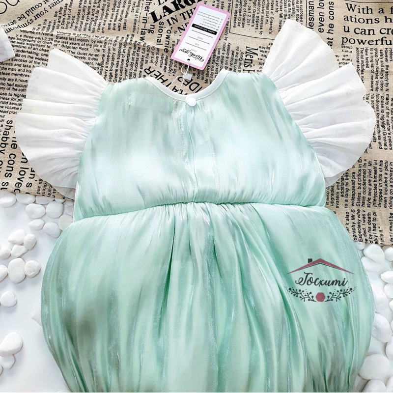 Bộ liền thân nơ cánh tiên xanh bạc hà ngọt ngào phối ngọc cao cấp tặng kèm nơ tóc - Tocxumi