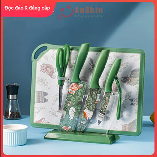 Bộ Dao Thớt Kháng Khuẩn Anshin gồm 7 Sản Phẩm - Dao làm bếp - Kéo đa năng - Nạo rau củ - Giá cài dao thớt