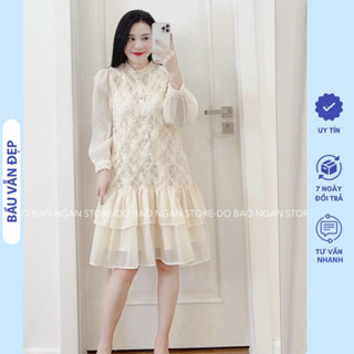 [Freesize V171] Đầm Váy Bầu Dự Tiệc Cưới Ren Hoa Kết Sang Chảnh - Đầm Bầu Babydoll Dáng Suông Đuôi Cá Dài