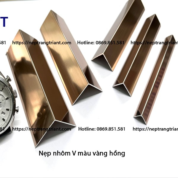 Nẹp Nhôm V vàng hồng nẹp V nhôm, dày 1 li, Nẹp ốp góc sàn nhựa, ốp góc tường, đầy đủ kích thước