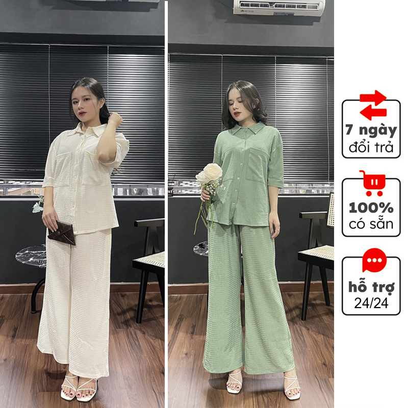 [Hàng Cao Cấp] Set Đồ Nữ Xuất Nhật, Bộ Đồ Nữ Có Túi Ngực Co Dãn, Áo Sơ Mi Nữ Quần Suông Đi Chơi, Cafe, Dạo Phố