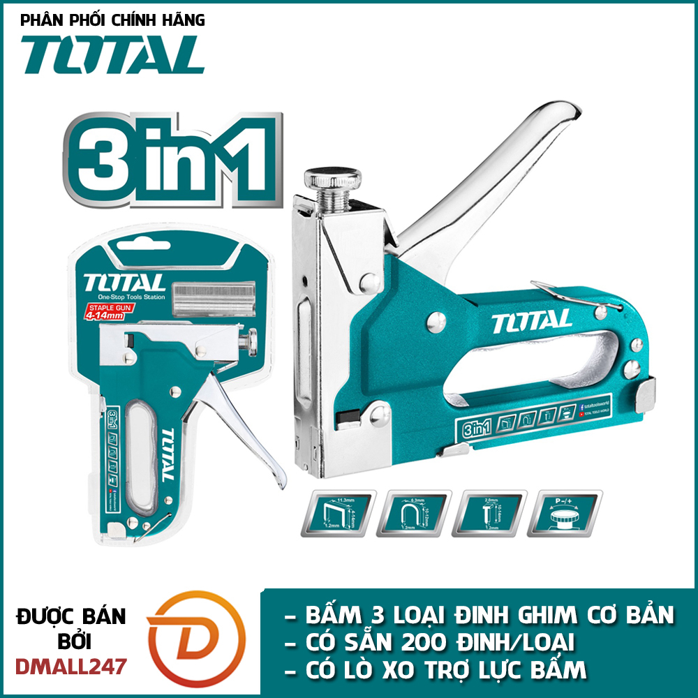 Kềm bấm ghim đa năng 3in1 có kèm đinh TOTAL THT31143 - kìm bấm đinh, ghim chữ u, ghim thẳng, có kèm sẵn 3 loại đinh