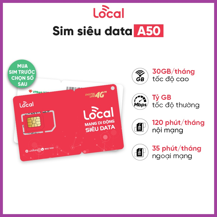 Sim 4G mobifone local A50 không giới hạn dung lượng ( 10 tỷ gb tốc độ cao 5mb/s) (Sử Dụng toàn Quốc)