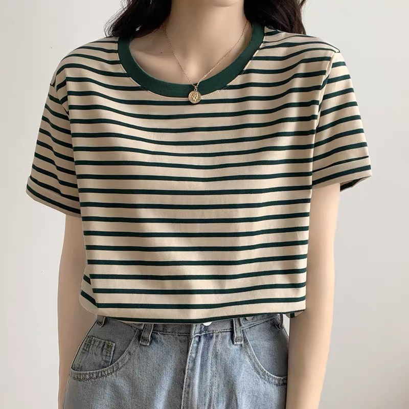 Áo thun tay ngắn cổ tròn dáng suông họa tiết kẻ sọc màu sắc đơn giản thời trang mùa hè dành cho nữ MA062 | BigBuy360 - bigbuy360.vn