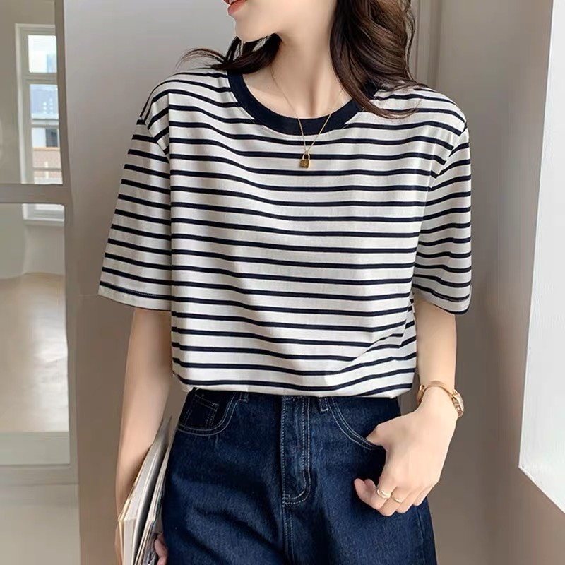 Áo thun tay ngắn cổ tròn dáng suông họa tiết kẻ sọc màu sắc đơn giản thời trang mùa hè dành cho nữ MA062 | BigBuy360 - bigbuy360.vn