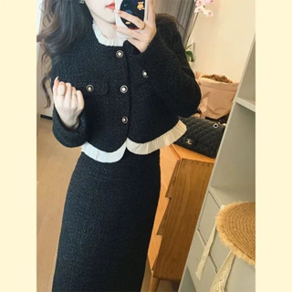 Set dạ Tweed đen viền trắng, Set Áo kèm chân váy dạ