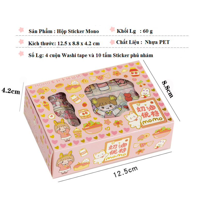 Hộp 14 Tấm Sticker Và Băng Keo Washi Tape Dán Trang Trí Sổ Họa Tiết Hoạt Hình Dễ Thương