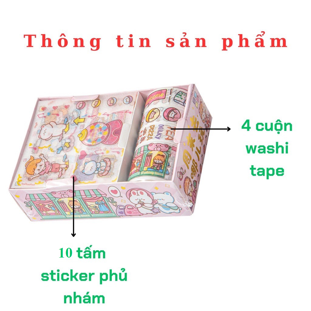 Hộp 14 Tấm Sticker Và Băng Keo Washi Tape Dán Trang Trí Sổ Họa Tiết Hoạt Hình Dễ Thương