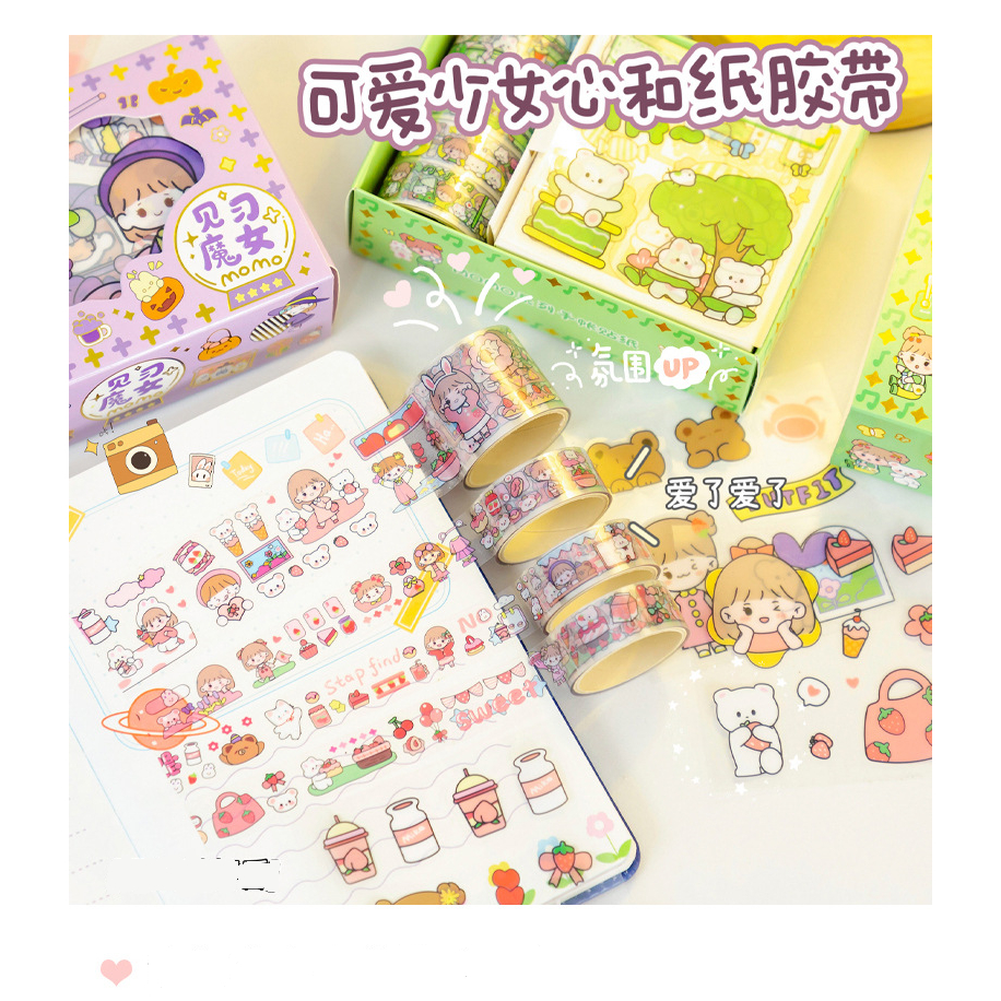 Hộp 14 Tấm Sticker Và Băng Keo Washi Tape Dán Trang Trí Sổ Họa Tiết Hoạt Hình Dễ Thương