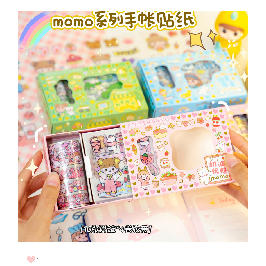 Hộp 14 Tấm Sticker Và Băng Keo Washi Tape Dán Trang Trí Sổ Họa Tiết Hoạt Hình Dễ Thương