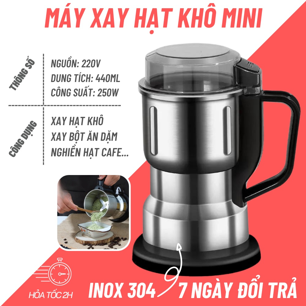 Máy Xay Hạt Khô, Máy Xay Bột, Máy Xay ngũ cốc Mini Công Suất 250W lưỡi dao 6 cánh Thân Máy Bằng Thép Không Gỉ