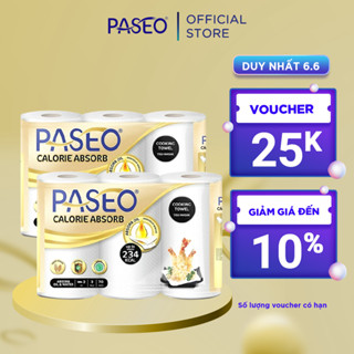 Combo 2 lốc giấy bếp đa năng cao cấp Paseo Calorie Absorb lau dầu mỡ, thấm hút nhanh (3 cuộn 2 lớp)/lốc
