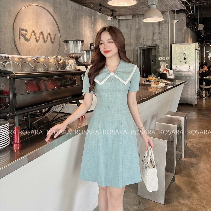 Váy Đầm Xanh Ngắn Tay Phối Nơ Viền Trắng Thời Trang Nữ Rosara VA81