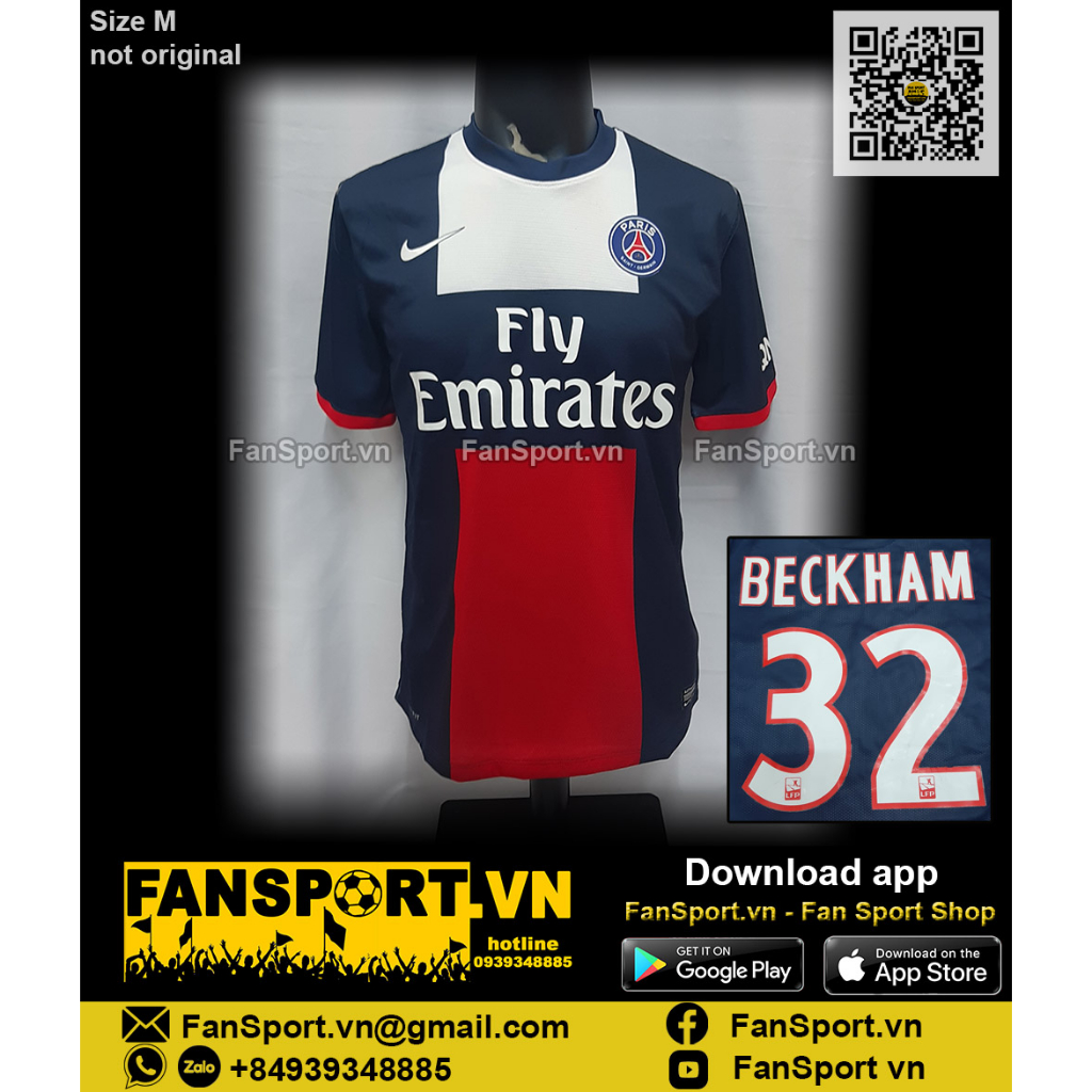 Áo đấu cầu thủ bóng đá David Beckham 32 PSG 2013-2014 home shirt jersey blue size M mới BNWT
