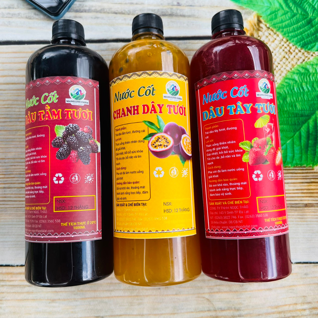 Bộ 3 loại nước cốt dâu tây, dâu tằm, chanh dây (siro dâu tây, dâu tằm, chanh dây) mỗi chai 1000ml Đặc sản Đà Lạt