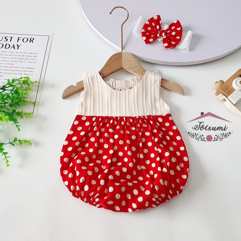 Bộ liền thân nơ lưng to phối thân bi đỏ dễ thương cho bé tặng kèm nơ tóc bi đỏ - Tocxumi