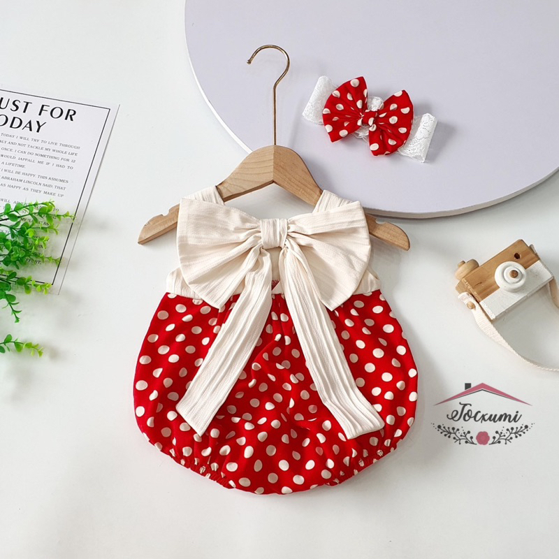 Bộ liền thân nơ lưng to phối thân bi đỏ dễ thương cho bé tặng kèm nơ tóc bi đỏ - Tocxumi