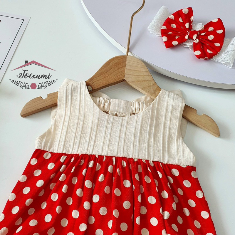 Bộ liền thân nơ lưng to phối thân bi đỏ dễ thương cho bé tặng kèm nơ tóc bi đỏ - Tocxumi