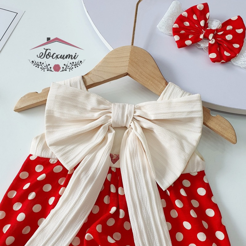 Bộ liền thân nơ lưng to phối thân bi đỏ dễ thương cho bé tặng kèm nơ tóc bi đỏ - Tocxumi