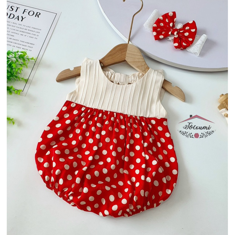 Bộ liền thân nơ lưng to phối thân bi đỏ dễ thương cho bé tặng kèm nơ tóc bi đỏ - Tocxumi