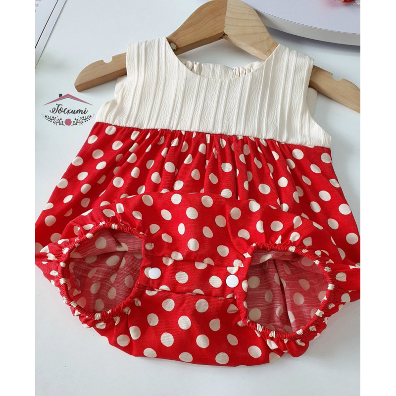 Bộ liền thân nơ lưng to phối thân bi đỏ dễ thương cho bé tặng kèm nơ tóc bi đỏ - Tocxumi
