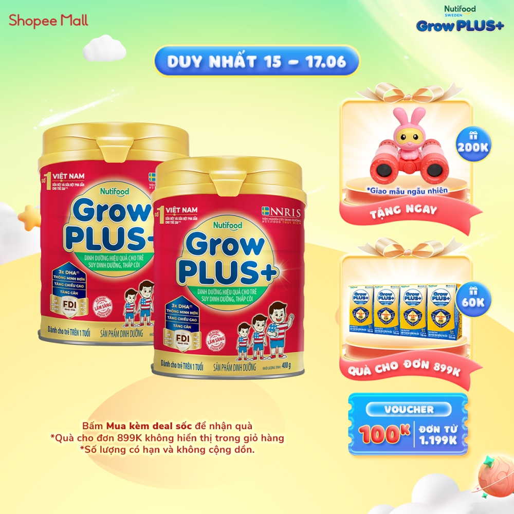 Combo 2 Sữa Bột Nutifood GrowPLUS+ Suy Dinh Dưỡng 400g - Trên 1 Tuổi - Tăng Cân, Tăng Chiều Cao (2 Lon x Lon 400g)
