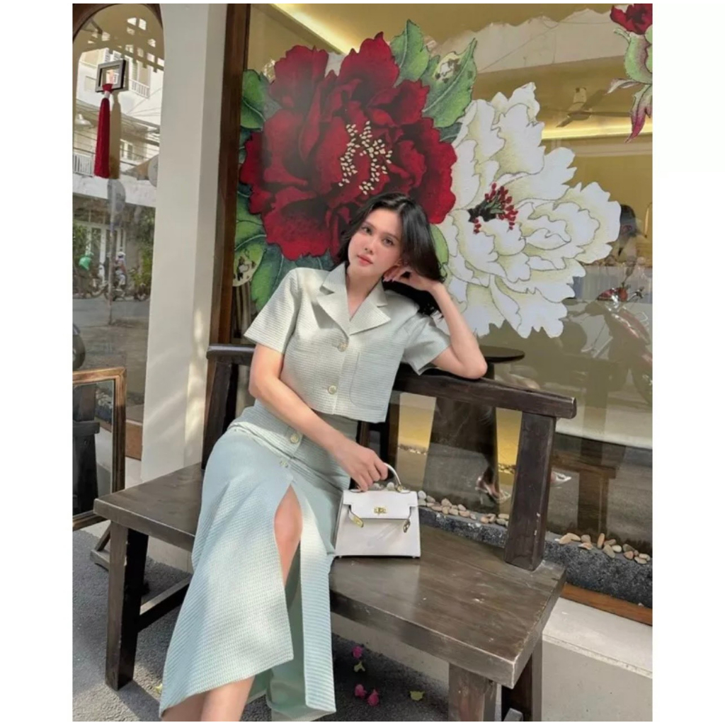 Set Vest Croptop Váy Dài Xanh Mint S02
