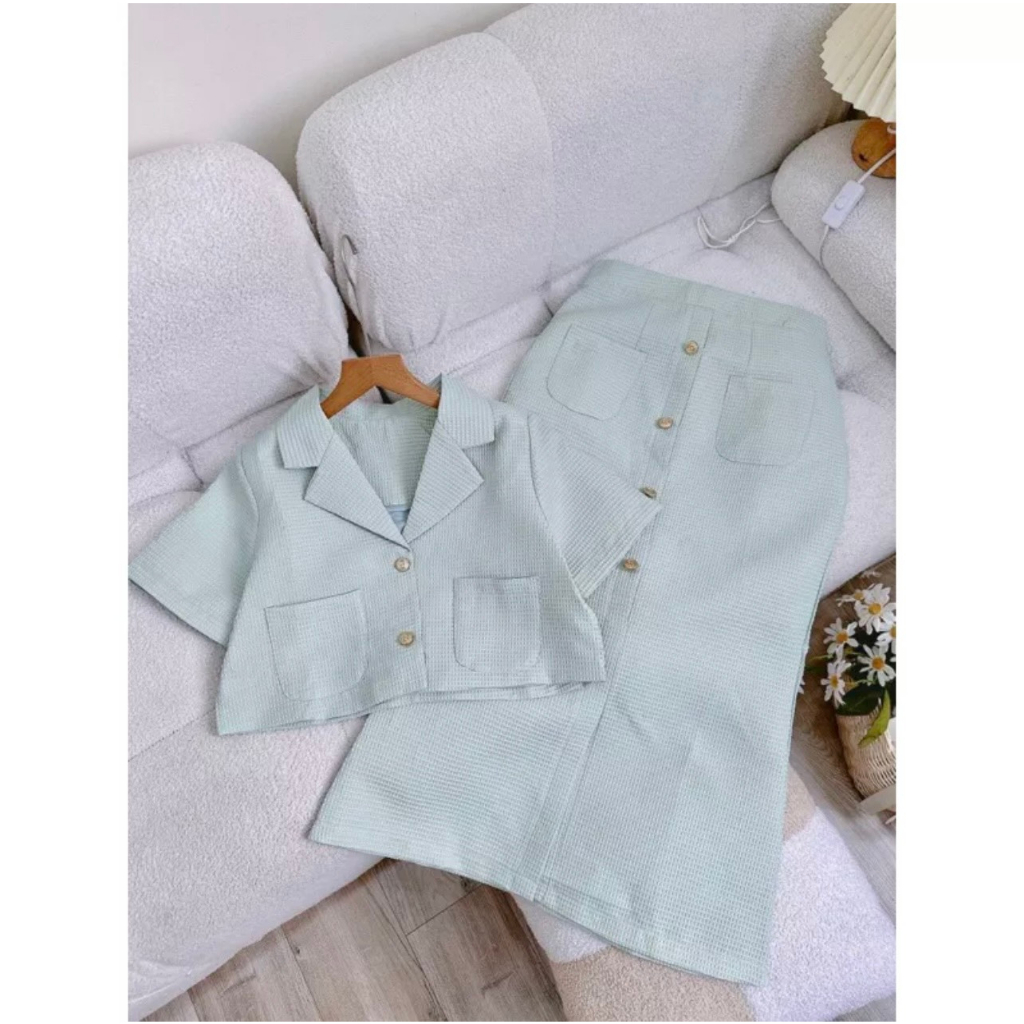 Set Vest Croptop Váy Dài Xanh Mint S02