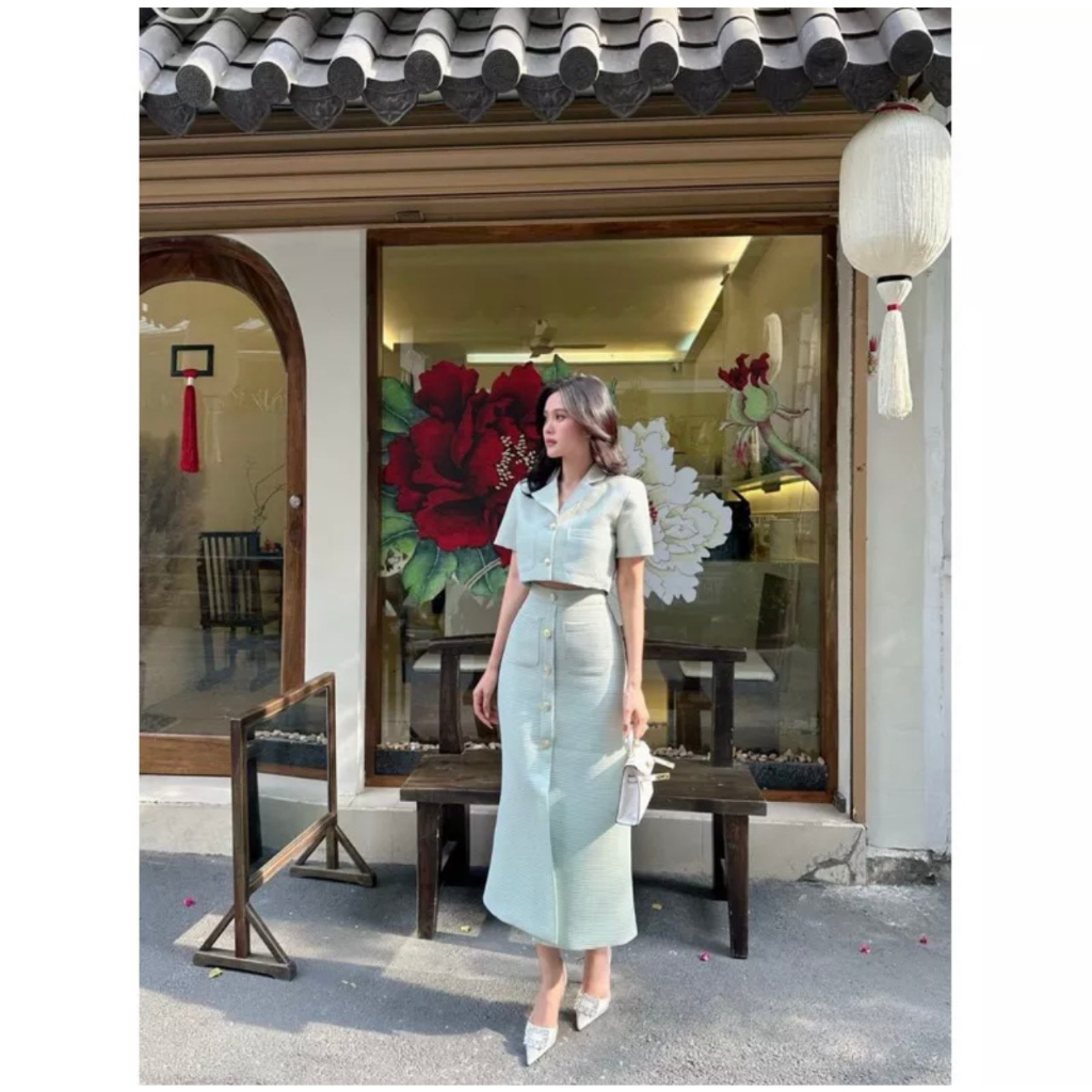 Set Vest Croptop Váy Dài Xanh Mint S02