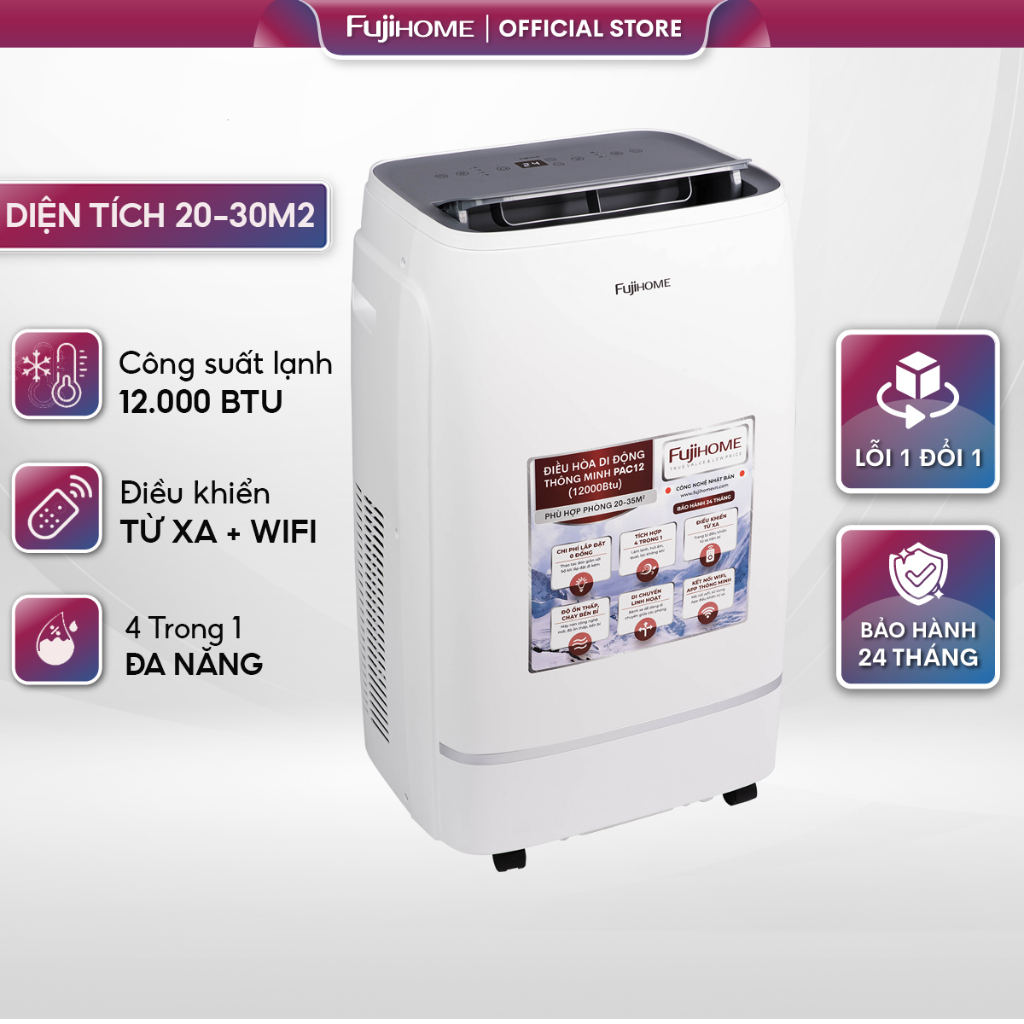 Máy lạnh di động 12.000 BTU nhập khẩu Nhật Bản FUJIHOME, điều hòa di động mini đứng thông minh điều khiển từ xa + Wifi