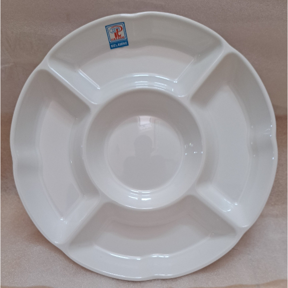 Khay tròn đựng lẩu ,kem 5 ngăn nhựa Melamine Horeca trắng cao cấp