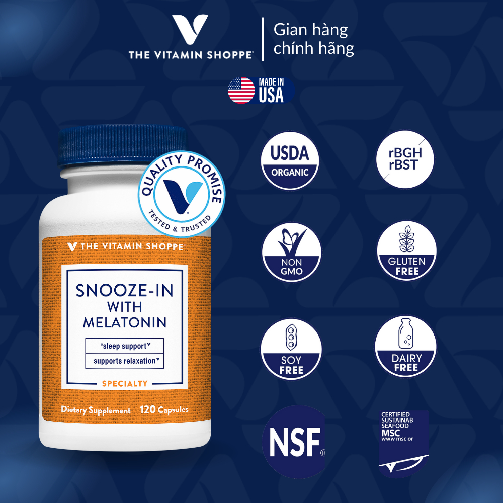 Viên Uống Hỗ Trợ Ngủ Ngon, Ngủ Sâu & Giảm Căng Thẳng THE VITAMIN SHOPPE Snooze-In With Melatonin 120/240 viên